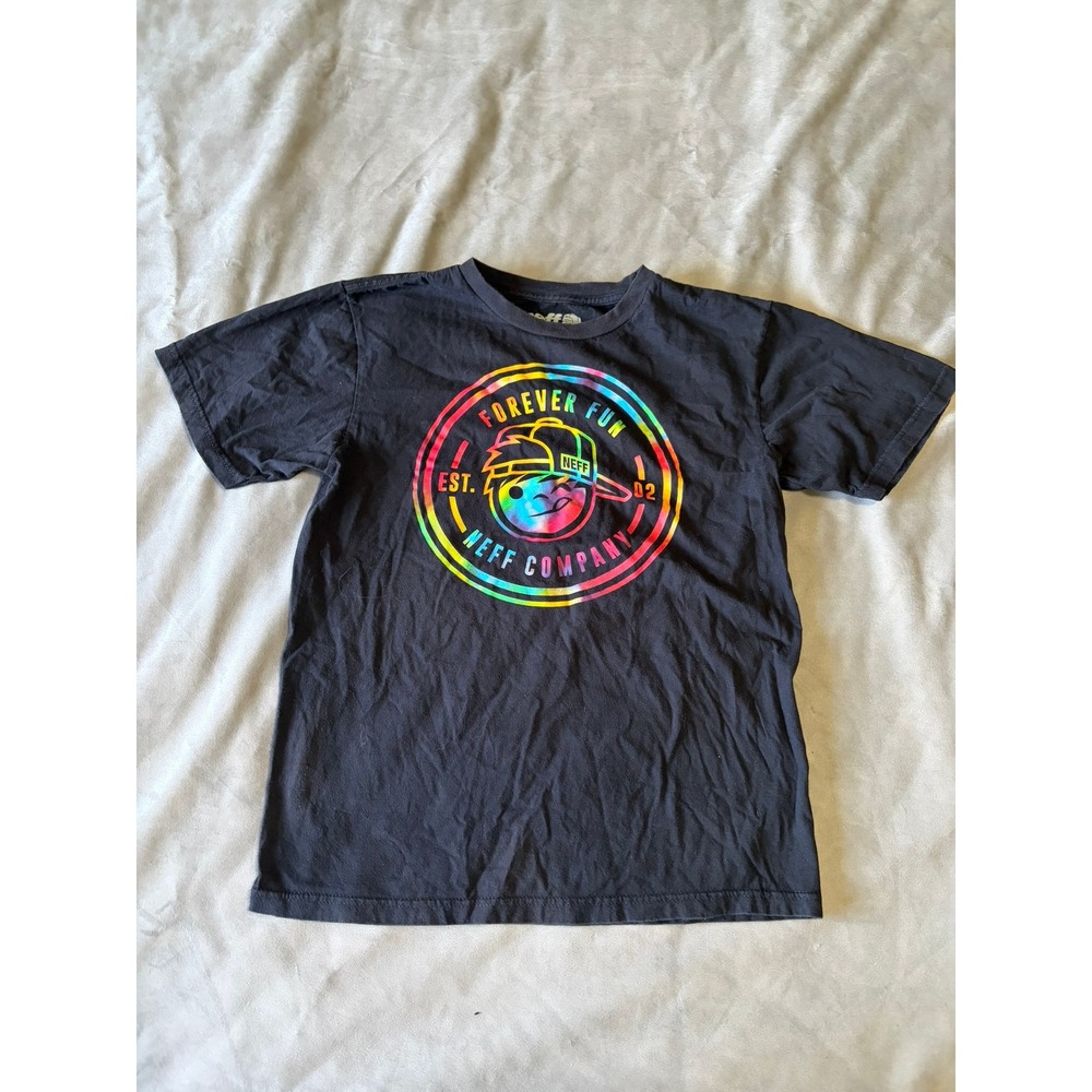 Neff Youth XL Black Graphic T-Shirt Forever Fun Rainbow Tie Dye Logo Tee